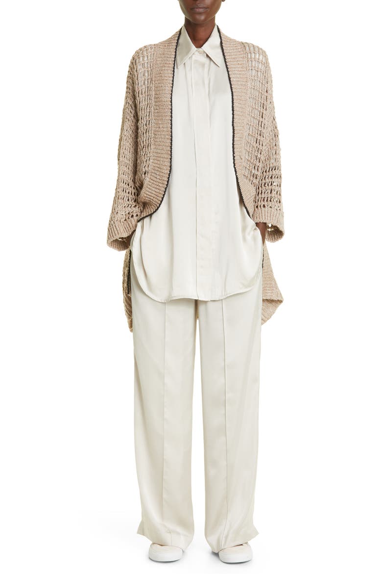 Sequin Open Knit Longline Cardigan, Alternate, color, CIN19 DARK BEIGE