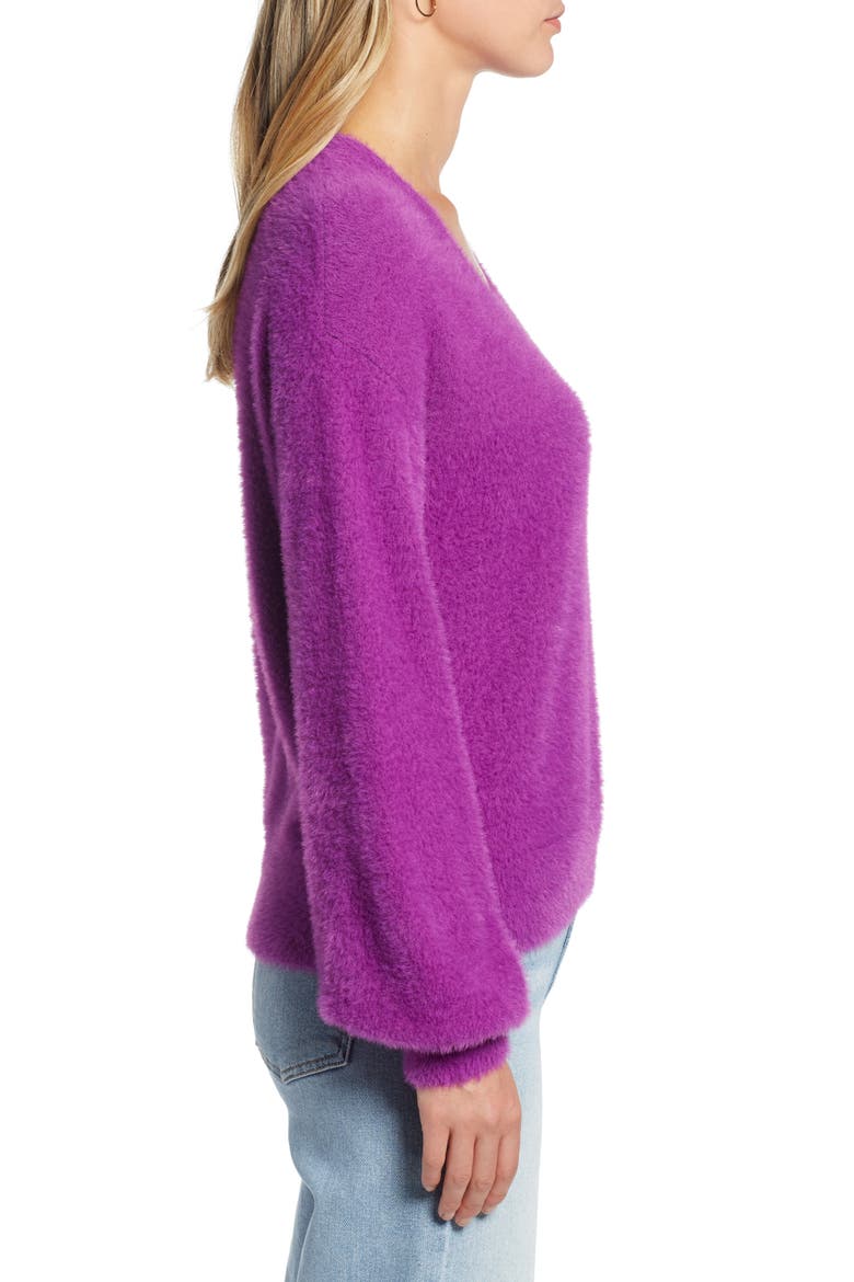 Fuzzy V-Neck Sweater, Alternate, color, PURPLE SPARKLE