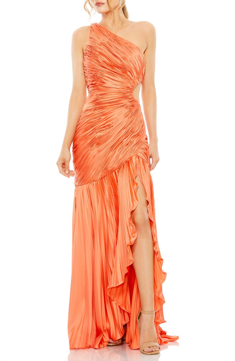 Mac Duggal One Shoulder Side Cut-Out Pleated Gown, Main, color, Coral