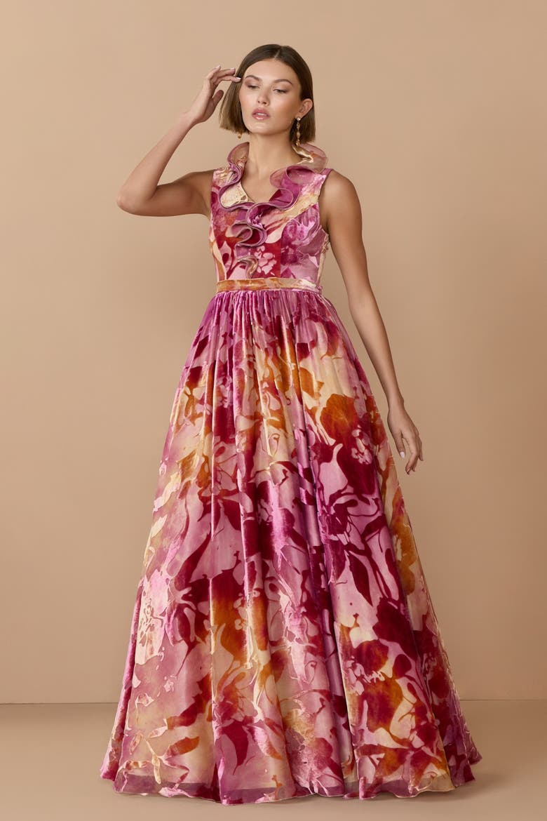 Burnout Organza Ruffle V Neck Detail Ballgown, Alternate, color, Orchid Multi