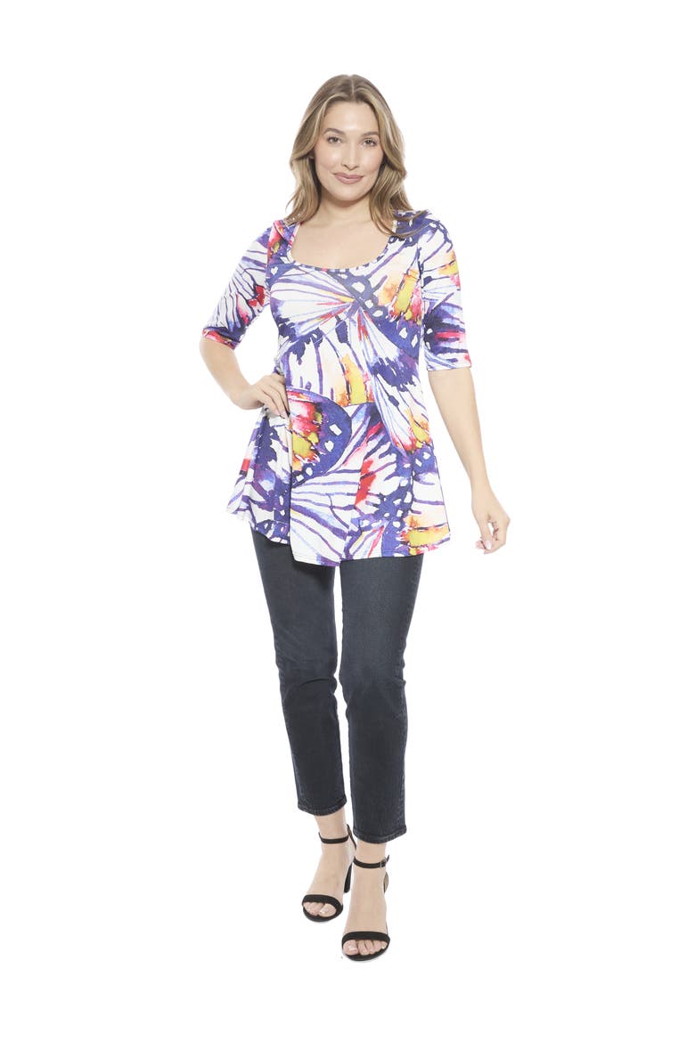 Womens Butterfly Scoop Neck Elbow Sleeve Tunic Top, Main, color, Purple Multi