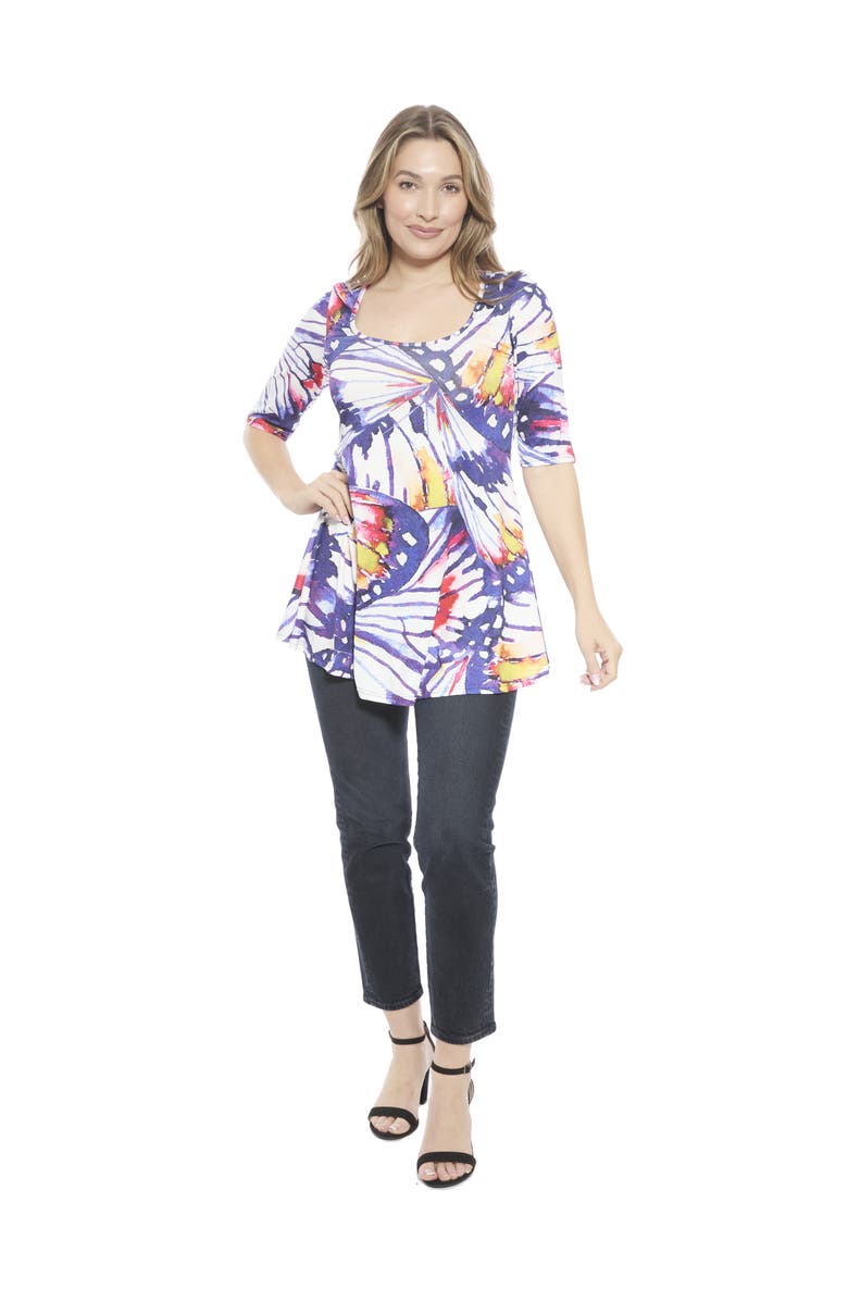 24seven Comfort Apparel Womens Butterfly Scoop Neck Elbow Sleeve Tunic Top, Main, color, Purple Multi