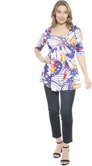 24seven Comfort Apparel Womens Butterfly Scoop Neck Elbow Sleeve Tunic Top