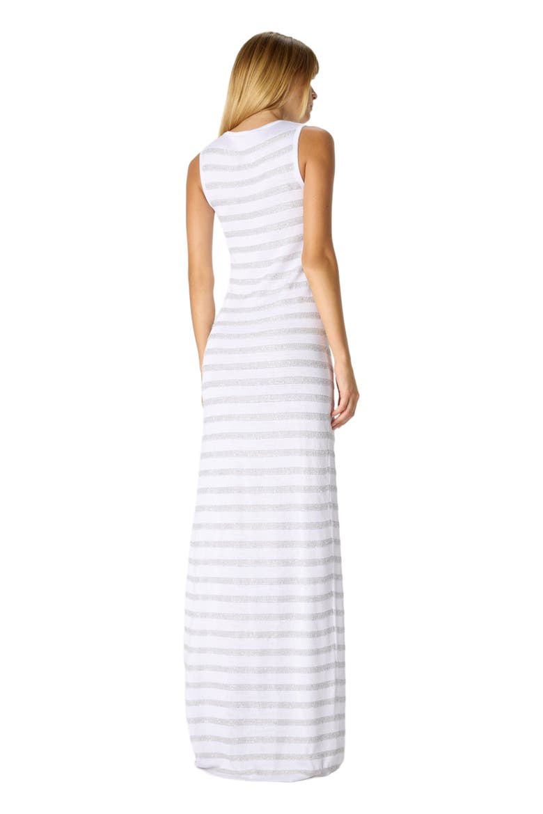 Sleeveless Long Dress In Striped Viscose With Slit, Alternate, color, White