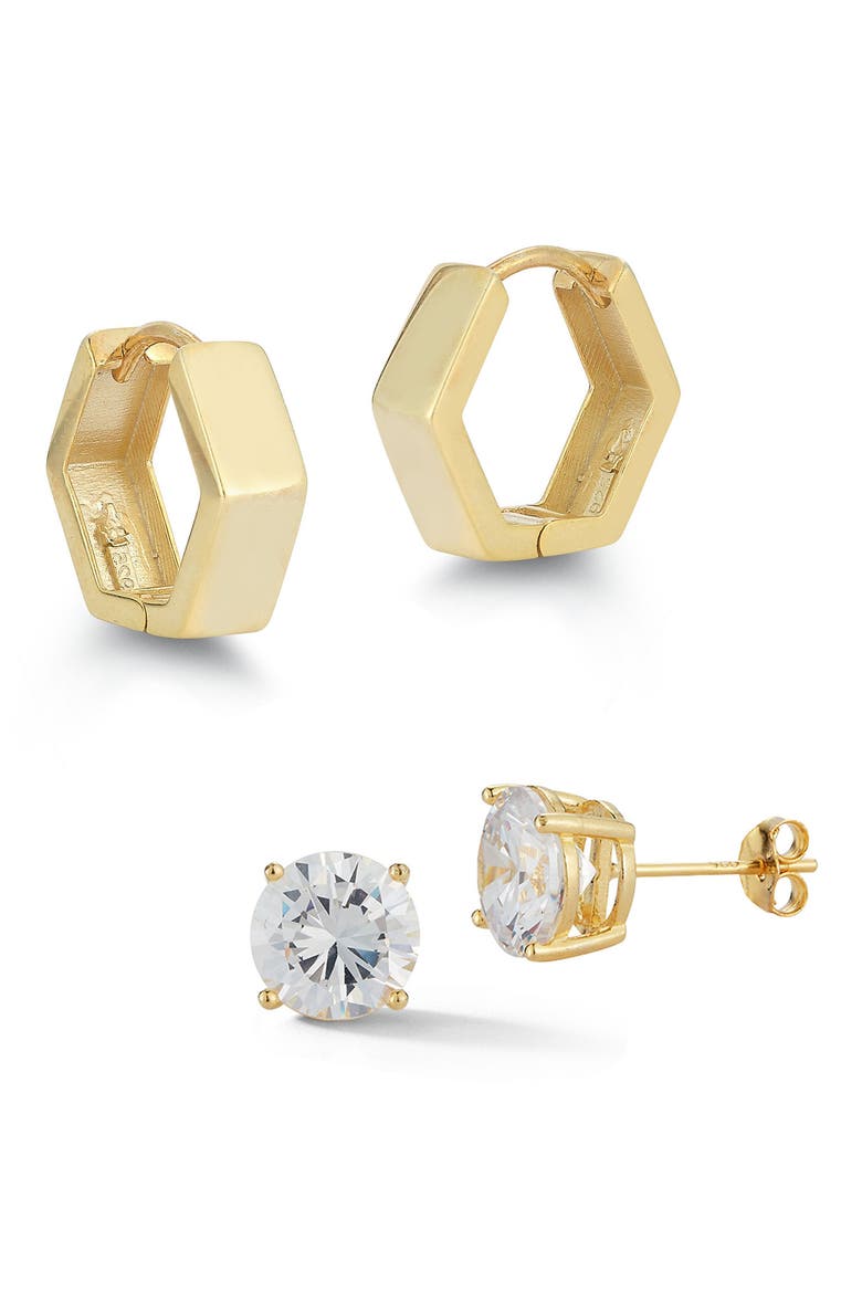 Set of 2 Cubic Zirconia Stud & Huggie Hoop Earrings, Main, color, GOLD