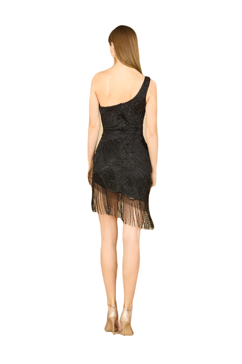 One Shoulder Cocktail Dress with Fringe, Alternate, color, Black