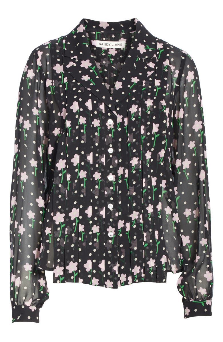Sandy Liang Floral Print Pleated Silk Blouse, Alternate, color, 
