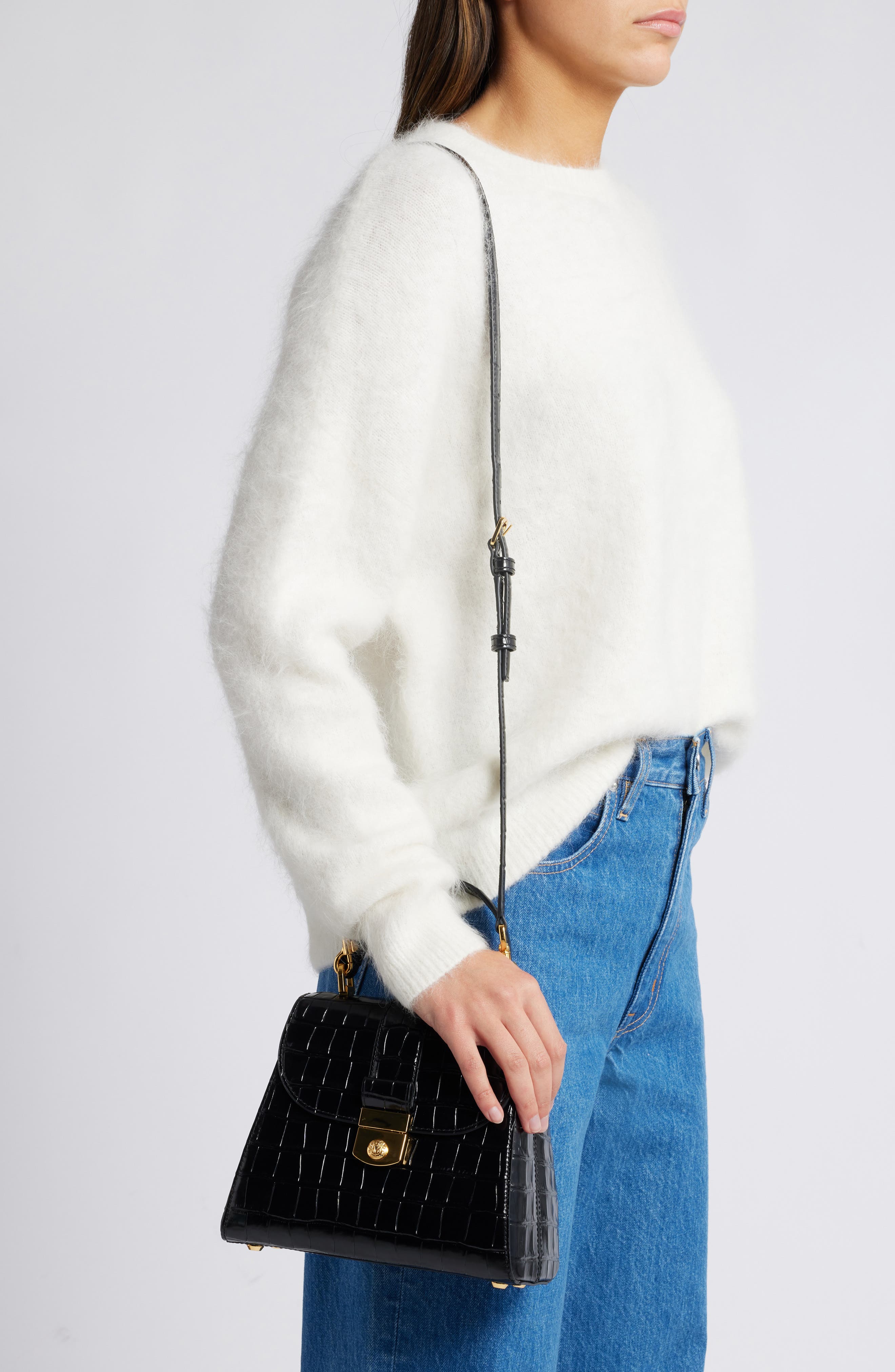 Veronica Beard Crest Croc Embossed Leather Top Handle Bag, Alternate, color, 