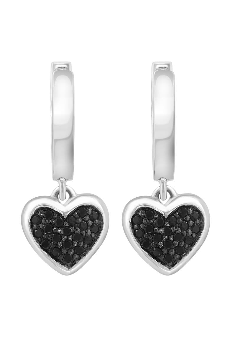 Sterling Silver Pavé Black Spinel Heart Drop Huggie Hoop Earrings, Alternate, color, BLACK