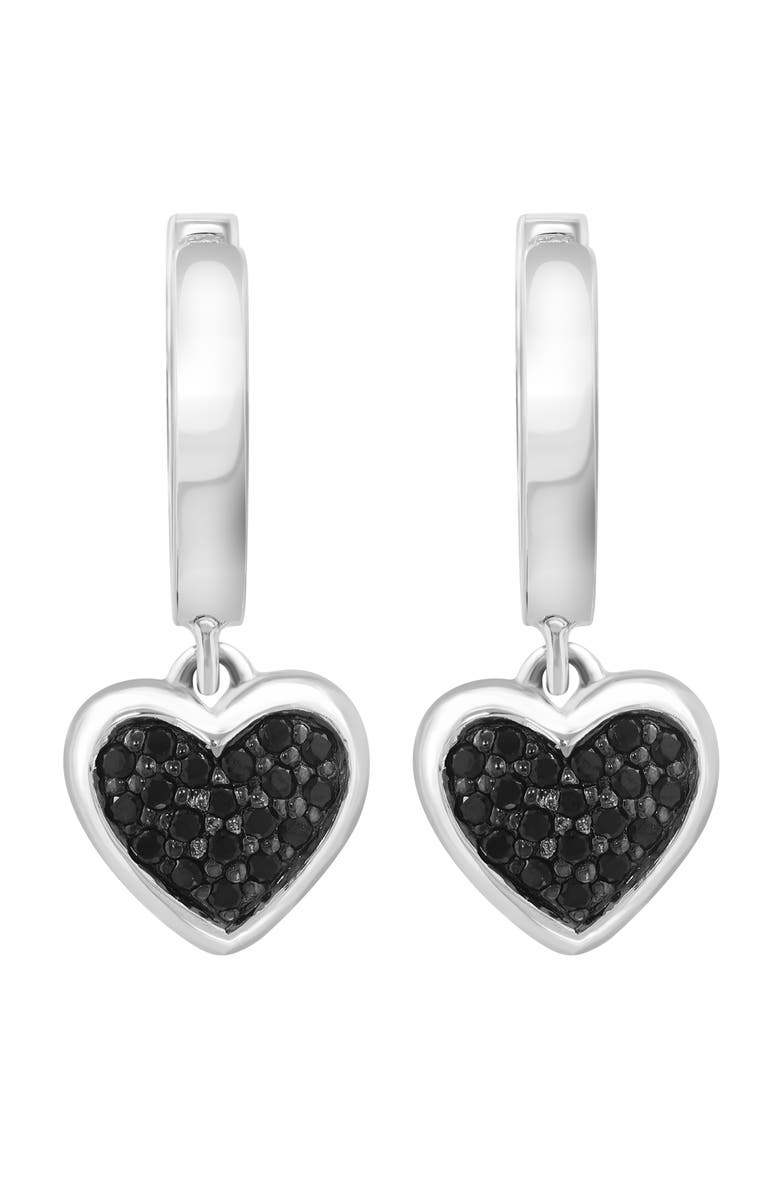 EFFY Sterling Silver Pavé Black Spinel Heart Drop Huggie Hoop Earrings, Alternate, color, Black