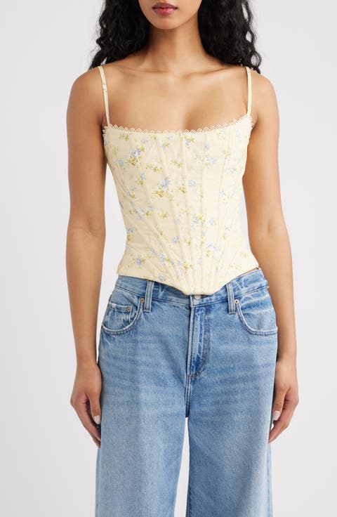 Cadie Lemon Floral Stretch Cotton Corset Top