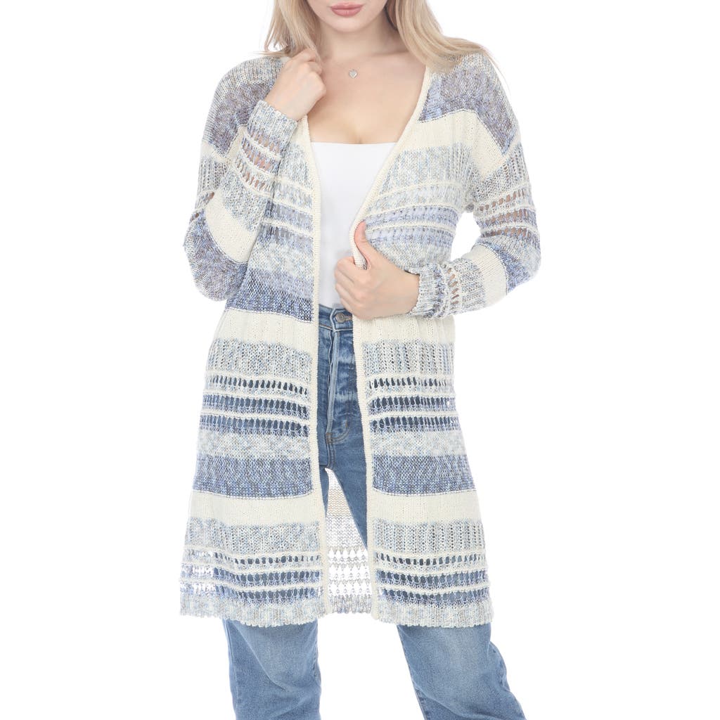 Shop Rain And Rose Striped Open Stitch Cardigan In Blue