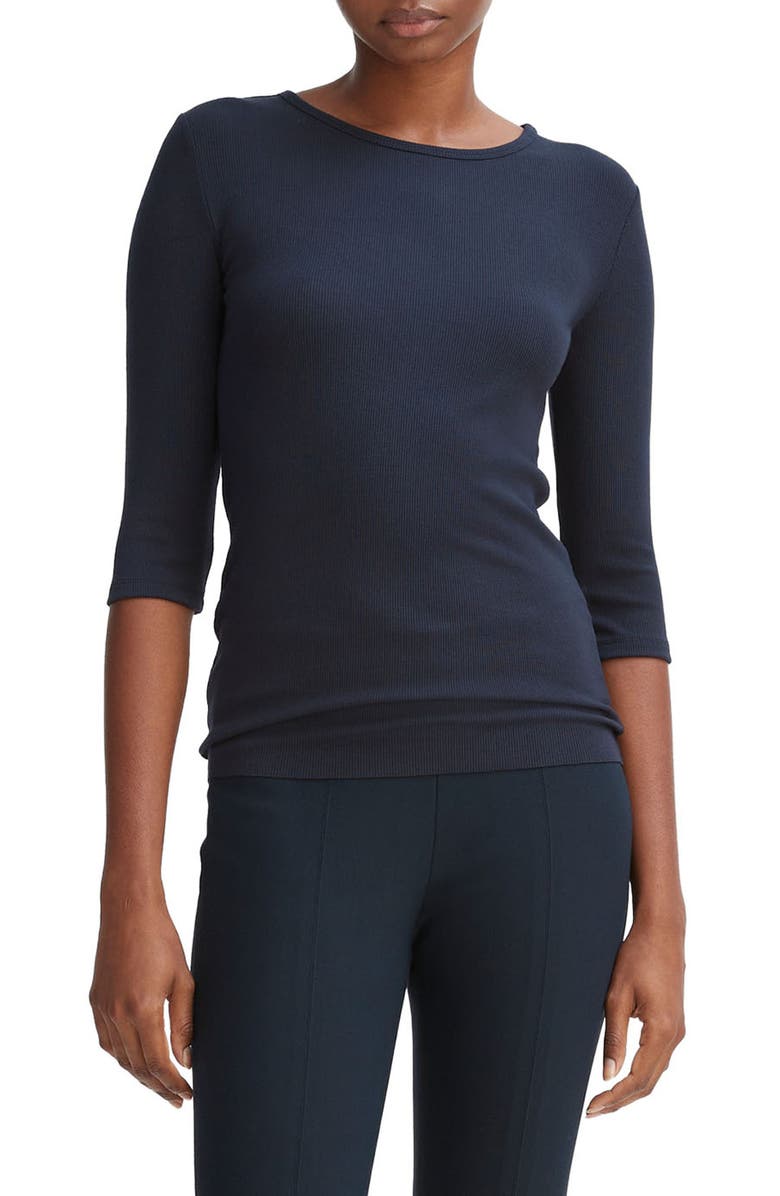 Vince Elbow Sleeve Rib Top, Main, color, Coastal Blue