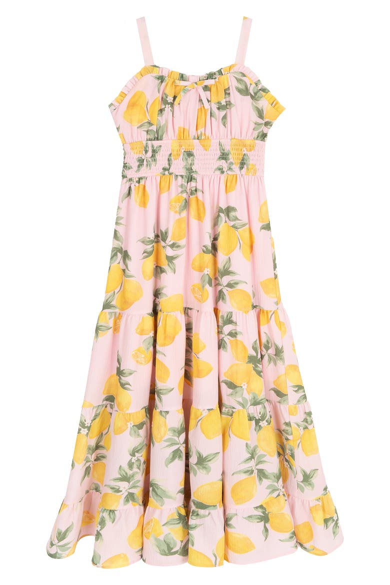 Kids' Lemon Print Bubble Crepe Maxi Dress, Main, color, PINK