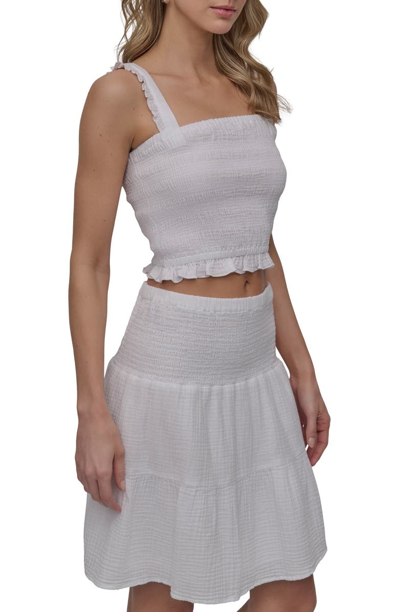 DKNY Jeans Ruffle Strap Smocked Cotton Crop Top, Alternate, color, White