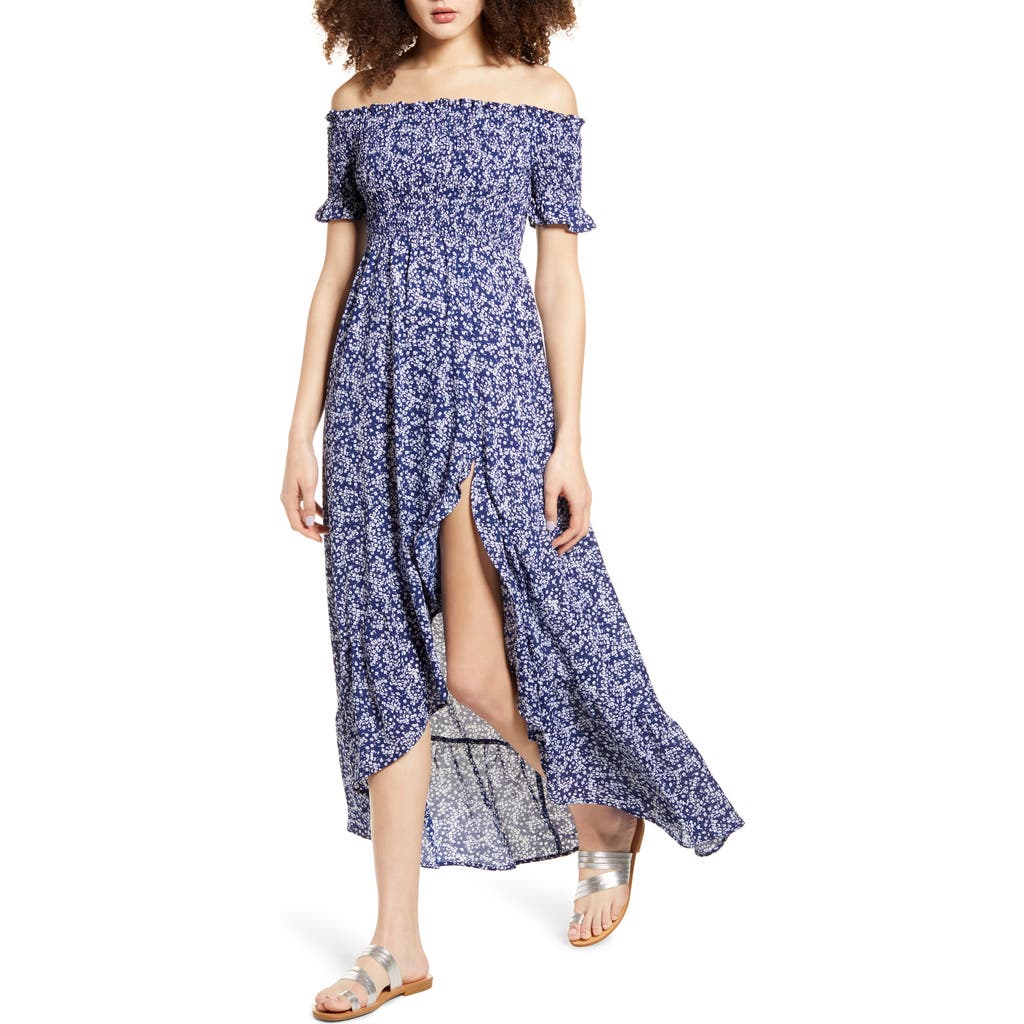Lulus Fleur-tation Off The Shoulder High/low Dress In Blue