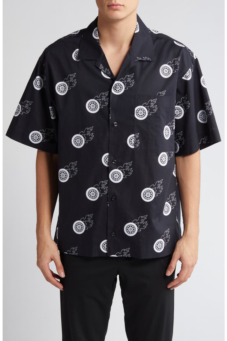 Egeeno Flaming Tire Print Camp Shirt, Main, color, BLACK