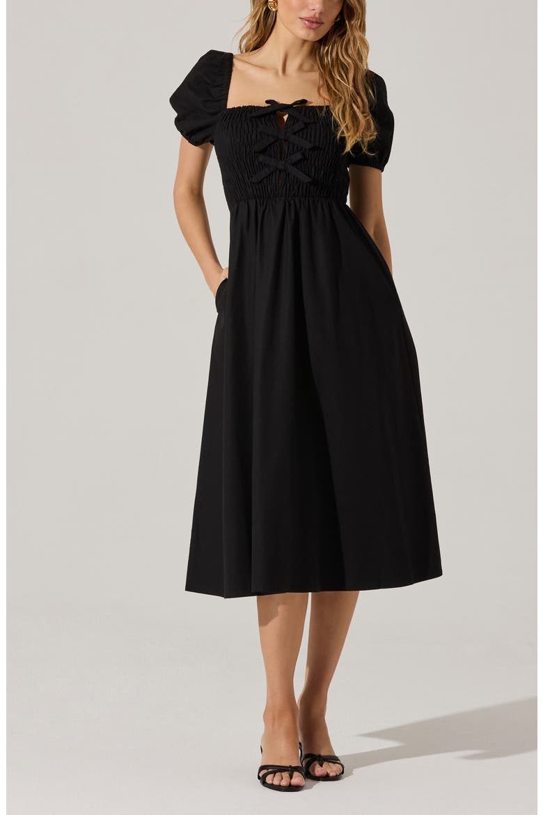 Bow Detail Smock Bodice Cotton Blend Dress, Alternate, color, BLACK