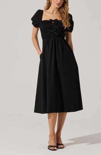 Bow Detail Smock Bodice Cotton Blend Dress