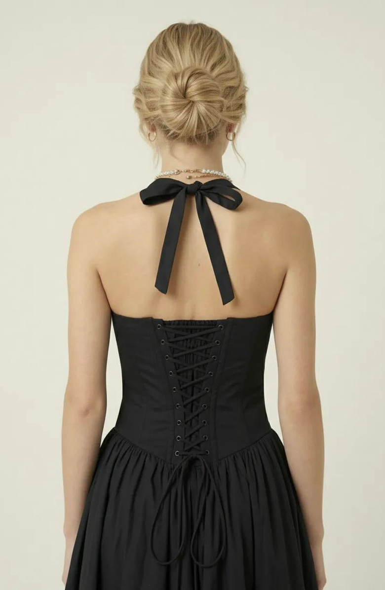 Modenaire Halter Neck Corset Maxi Dress, Alternate, color, Black