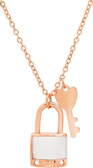 STEELTIME Mother of Pearl 18K Rose Gold Plated Simulated Diamond Lock Necklace