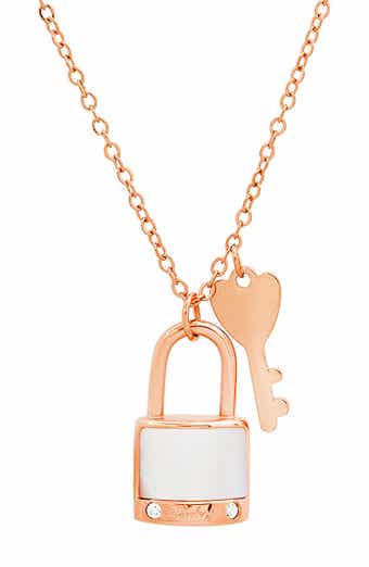 STEELTIME Mother of Pearl 18K Rose Gold Plated Simulated Diamond Lock Necklace