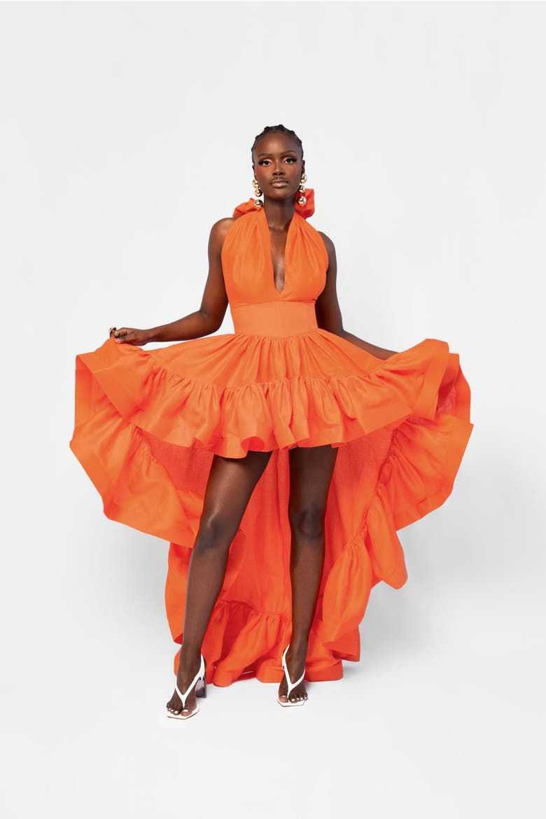 Linen Ama Hi low Dress, Alternate, color, Orange