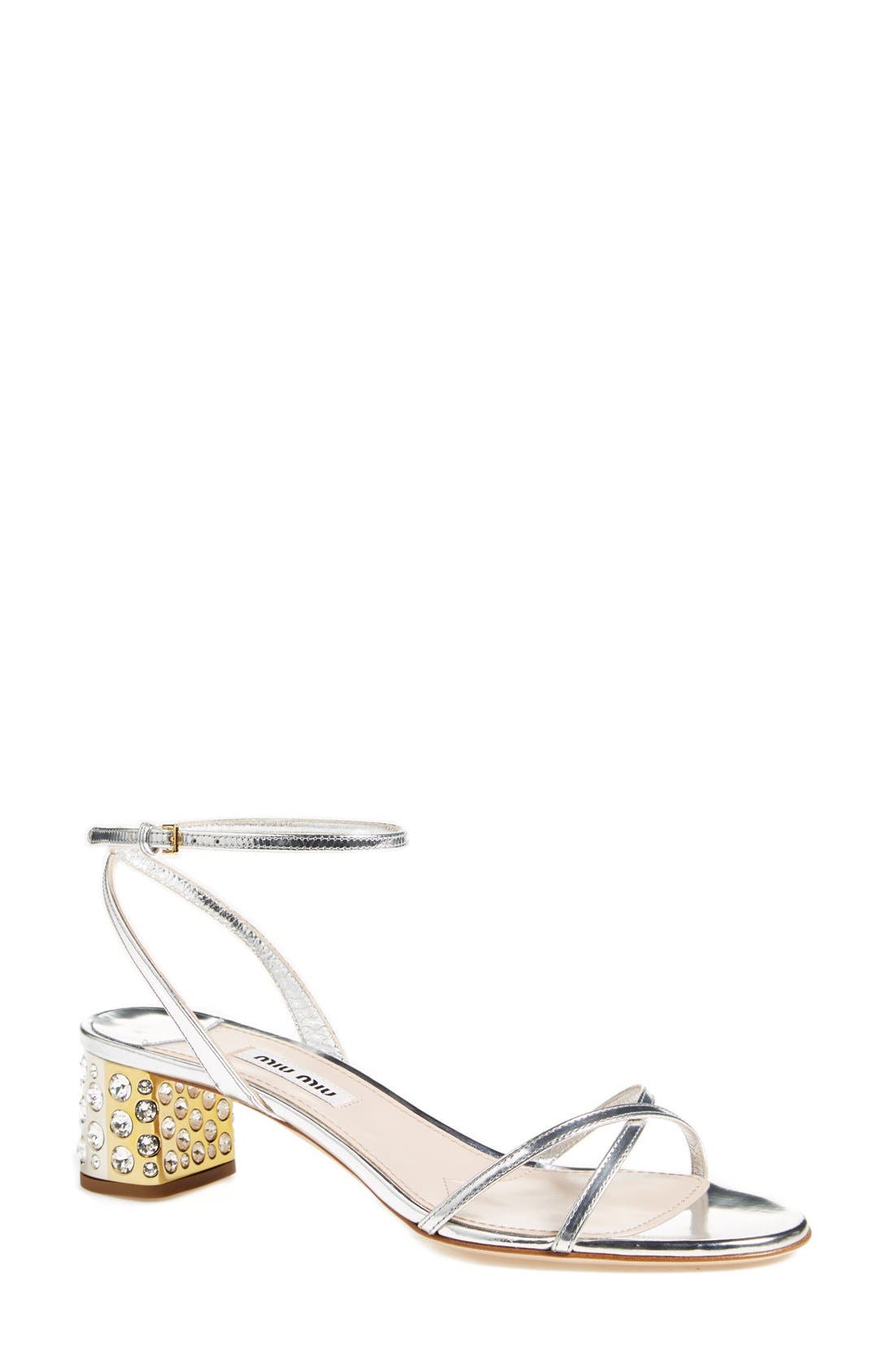 Jeweled Heel Ankle Strap Sandal, Main, color, SILVER