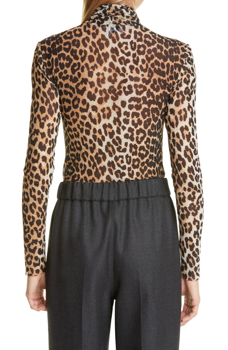 Ganni Animal Print Mesh Turtleneck Top, Alternate, color,