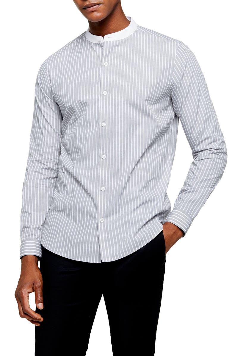 Topman Grandad Slim Fit Stripe Button-Up Band Collar Shirt, Main, color,