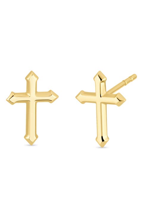 14K Gold Cross Stud Earrings