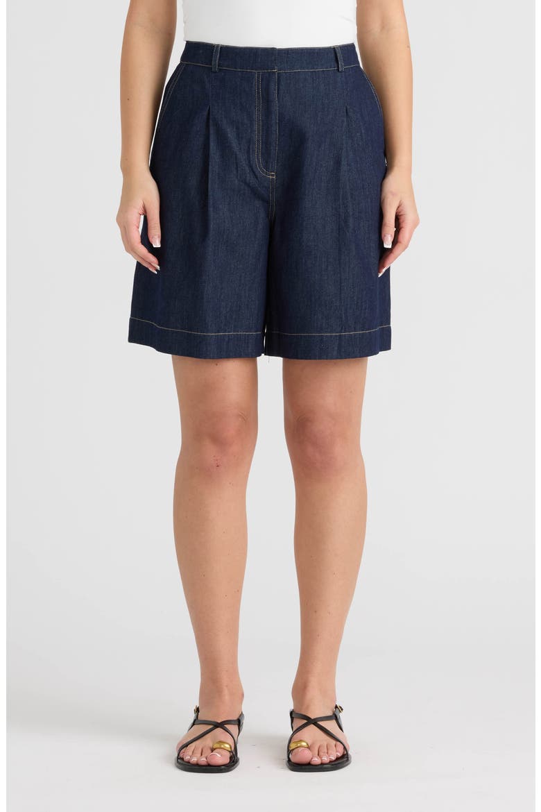 Pleated Bermuda Shorts, Main, color, DARK DENIM