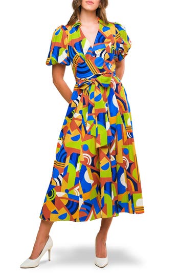 Flying Tomato Print Cotton Fit & Flare Midi Dress In Blue