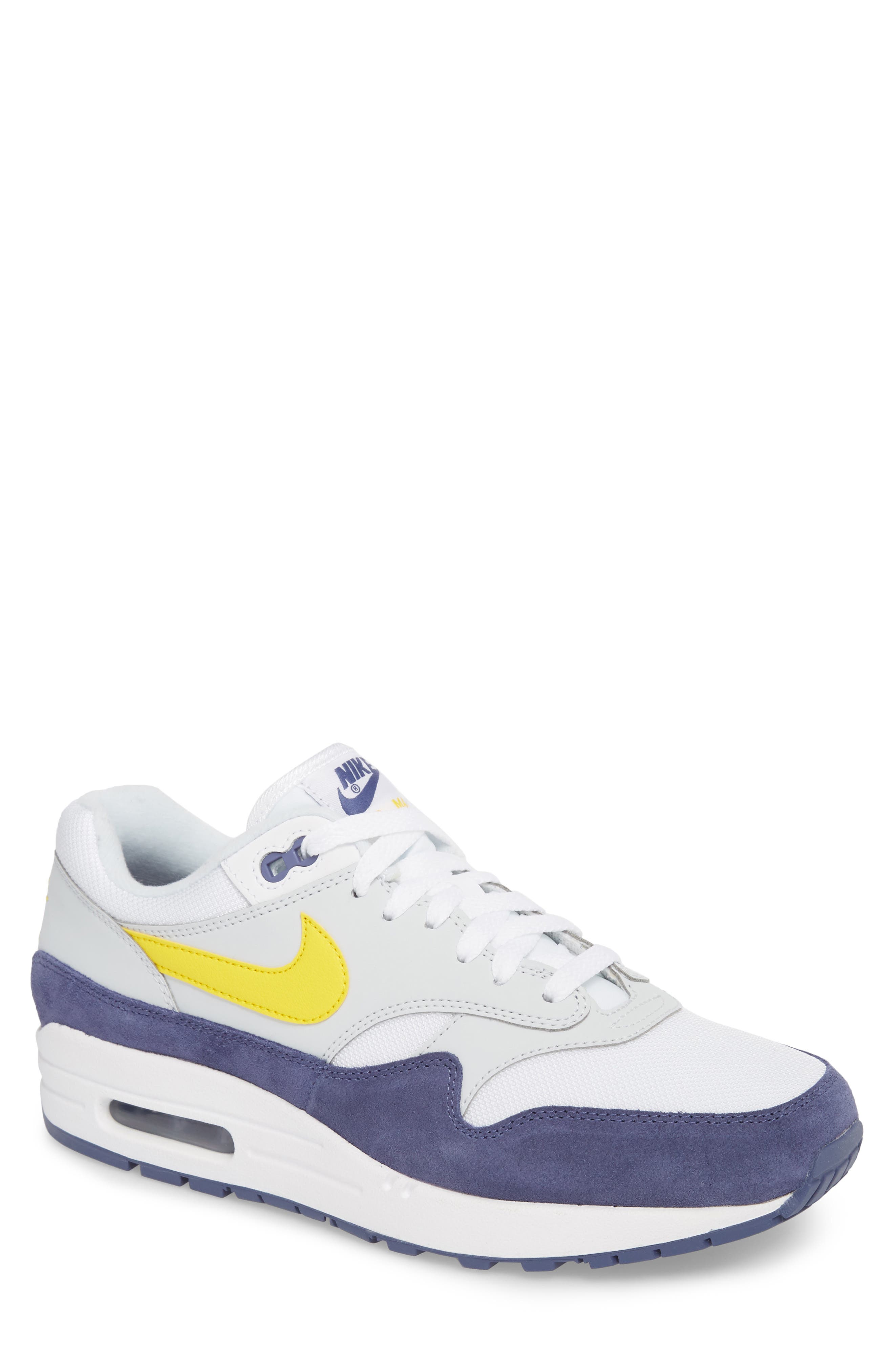 Air Max 1 Sneaker, Main, color, WHITE/ TOUR YELLOW/ BLUE