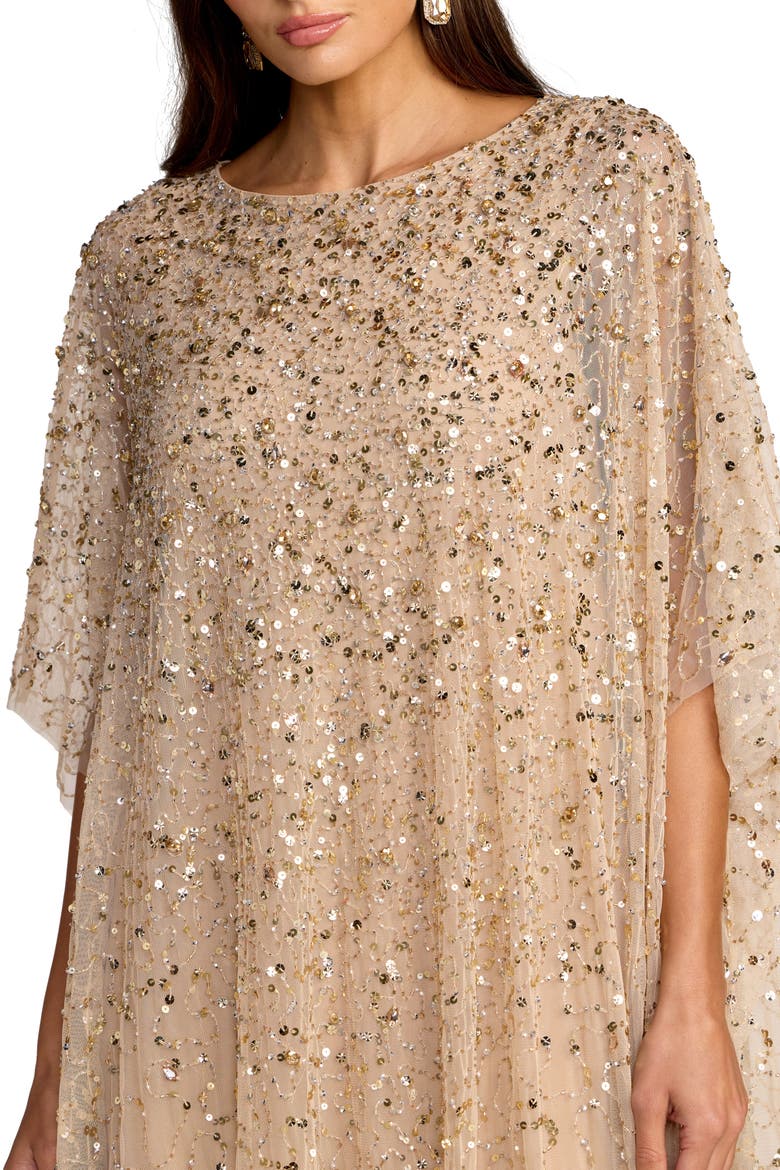 Beaded Mesh Kaftan Evening Gown with Round Neck, Alternate, color, Gold