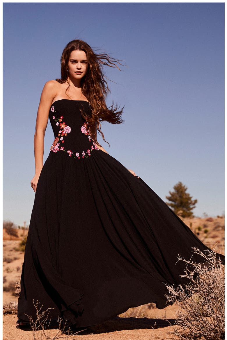 Caroline Floral Appliqué Strapless Maxi Dress, Alternate, color, BLACK