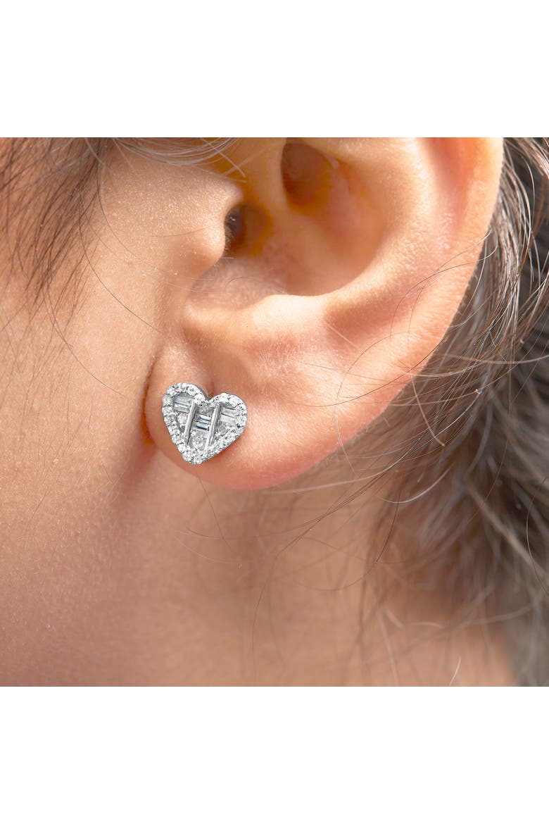 Silver 1/2 Cttw Round and Baguette Diamond Composite Heart Shaped Stud Earring, Alternate, color, White