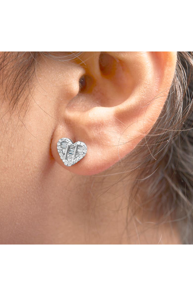 Haus of Brilliance Silver 1/2 Cttw Round and Baguette Diamond Composite Heart Shaped Stud Earring, Alternate, color, White