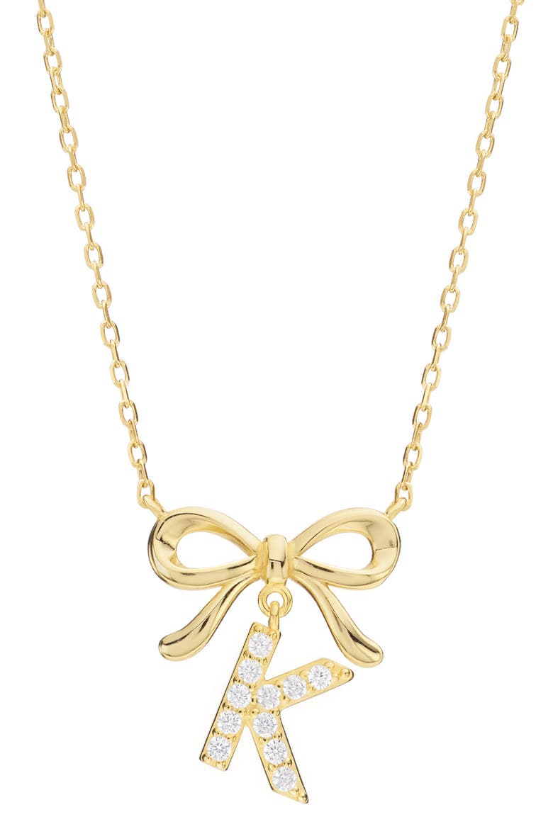 Cubic Zirconia Bow Initial Pendant Necklace, Main, color, K GOLD