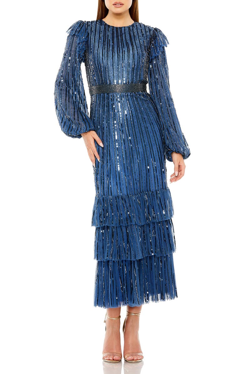 Mac Duggal Long Sleeve Ruffle Detail Sequin Dress, Main, color, Midnight