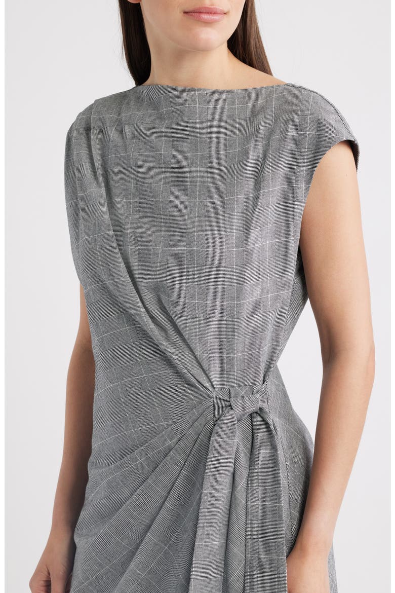 Windowpane Pladi Side Ruched Cotton Sheath Dress, Alternate, color, GREY