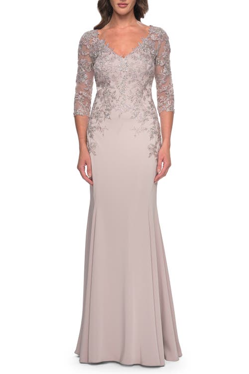 La Femme Fitted Long Satin Dress With Lace Bodice And Sleeves In Champagne