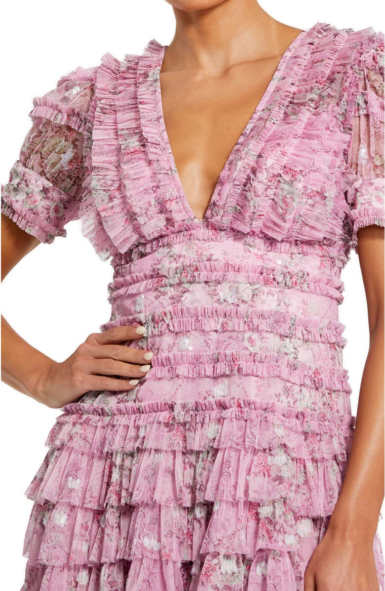 Mac Duggal Women's Deep V Lace Back Puff Sleeve Mini Dress, Alternate, color, Lilac Multi