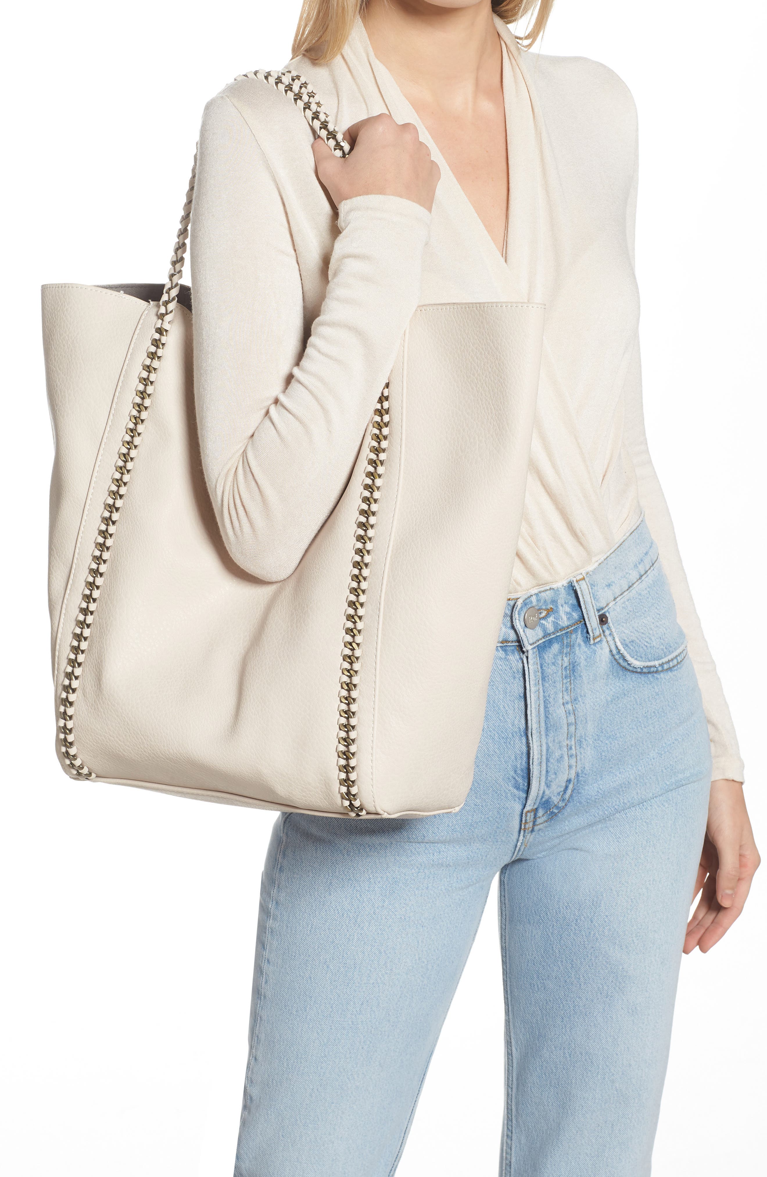 Chain Faux Leather Tote, Alternate, color, IVORY