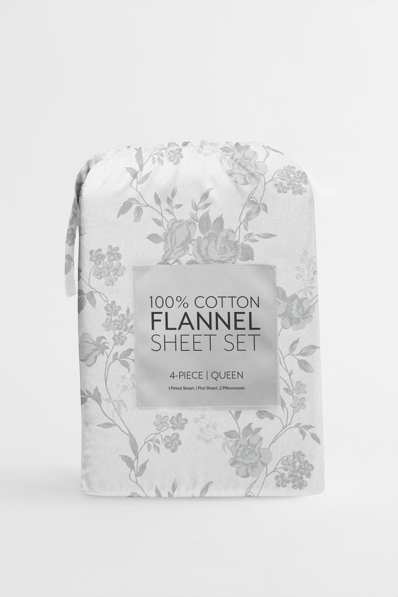 HOME SPUN Premium Sylvan Rose 4-Piece Flannel Bed Sheet Set, Alternate, color, GRAY