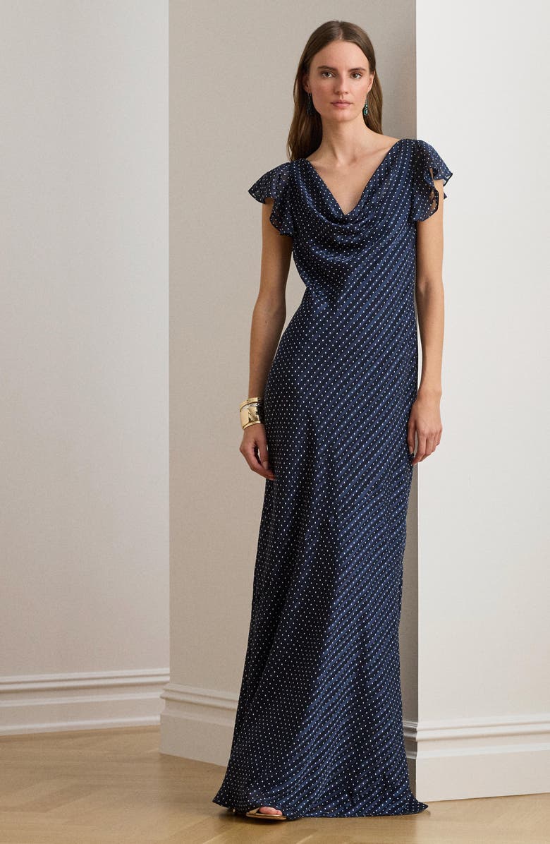 Lauren Ralph Lauren Lusita Burnout Cowl Neck Gown, Alternate, color, Navy Blue/ White