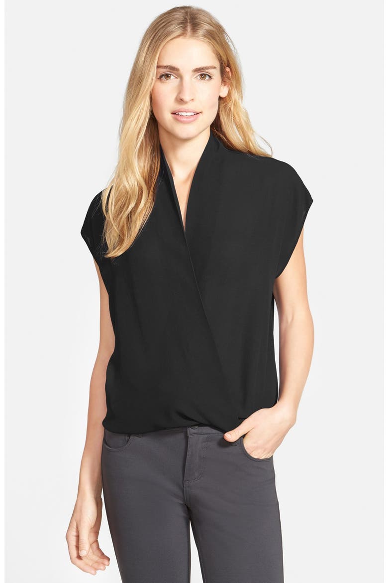 Short Sleeve Wrap Front Blouse (Nordstrom Exclusive), Main, color, BLACK