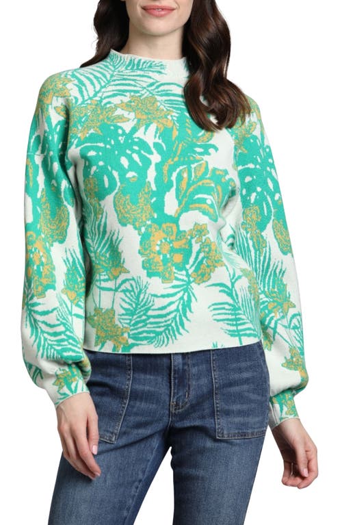 APNY Ivory Foliage Puff Sleeve Funnel Neck Sweater in Pastel Green Multi 