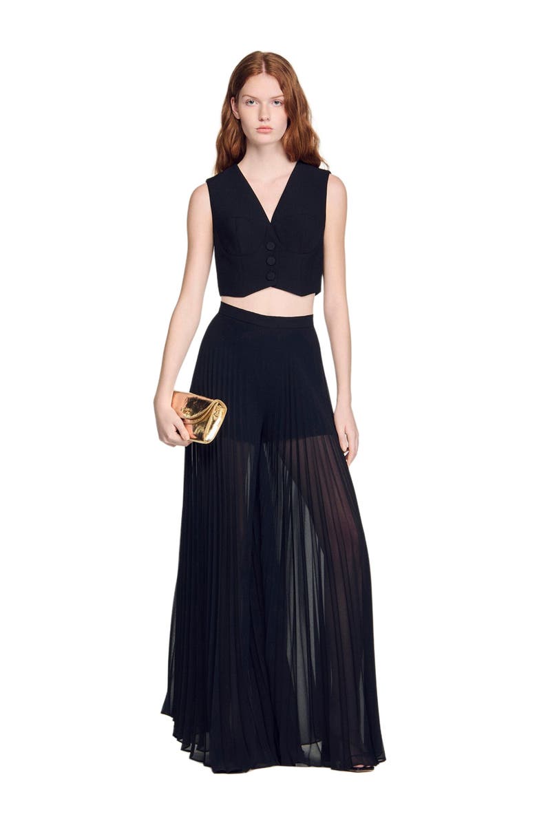 SANDRO Pleated wide-leg trousers, Alternate, color, Black