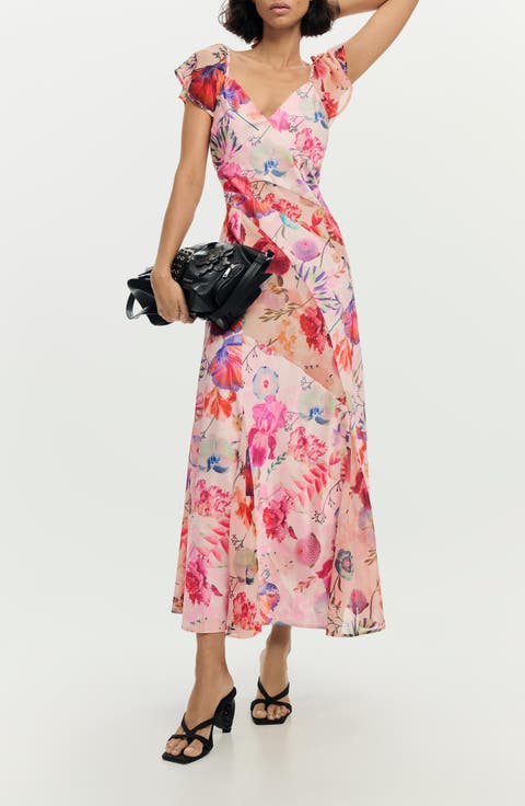 Floral Flutter Sleeve Chiffon Dress